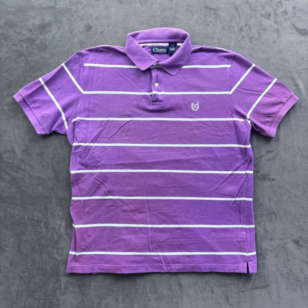 Chaps Mens Large Purple Striped Cotton Pique Short Sleeve Polo Shirt Logo Crest